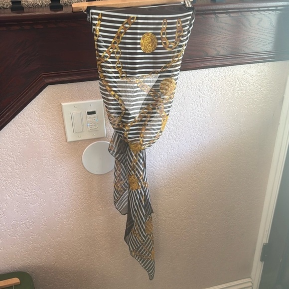 Elegant Striped Scarf with Gold Chain Design Sheer See Through Wrap Coverup - Picture 2 of 3